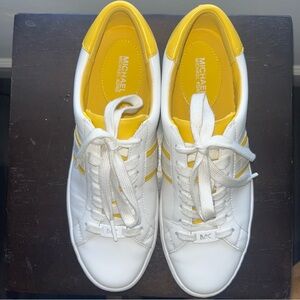 Michael Kors Irving Stripe Leather Tennis White And Yellow  Sneaker Shoes S 8